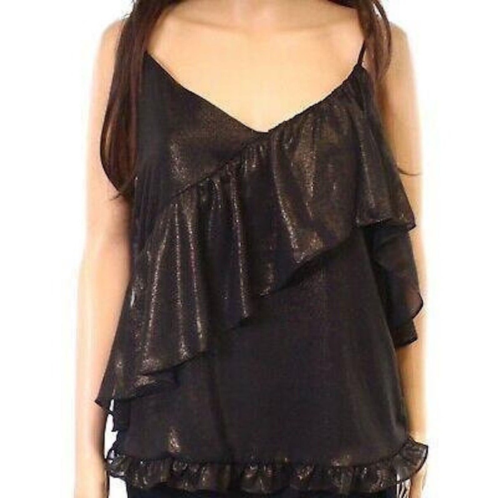 Ro & De Gold Metallic Asymmetric Ruffle Cami Top Black Gold Size Medium …